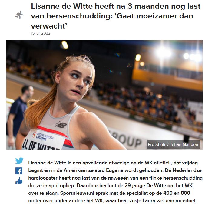 Interview: Atlete Lisanne de Witte: na 3 maanden nog last van hersenschudding